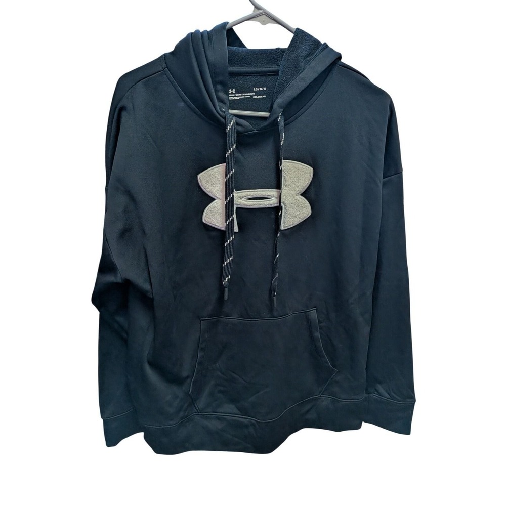 Under Armour Womens ColdGear Loose Fit Hoodie Black Grey Logo Pullover Large